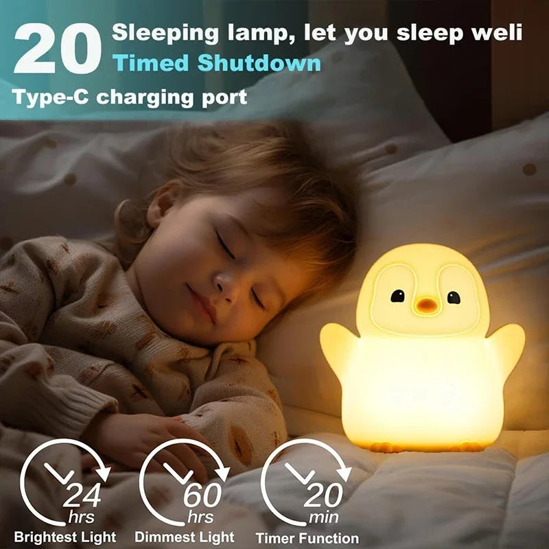 Penguin Night Light,  Animal Themed Squishy Silicone Nursery Lamp with Dimming Timing, USB Rechargeable Bedside Nightlight
