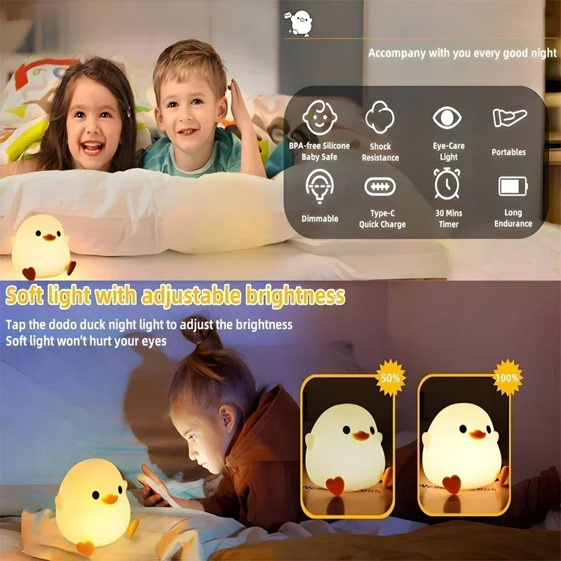 DoDo Duck Night Light, Cute Duck Lamp, Rechargeable Dimmable Nightlight, Silicone LED Bedside Lamp Nursery Touch-Sensitive