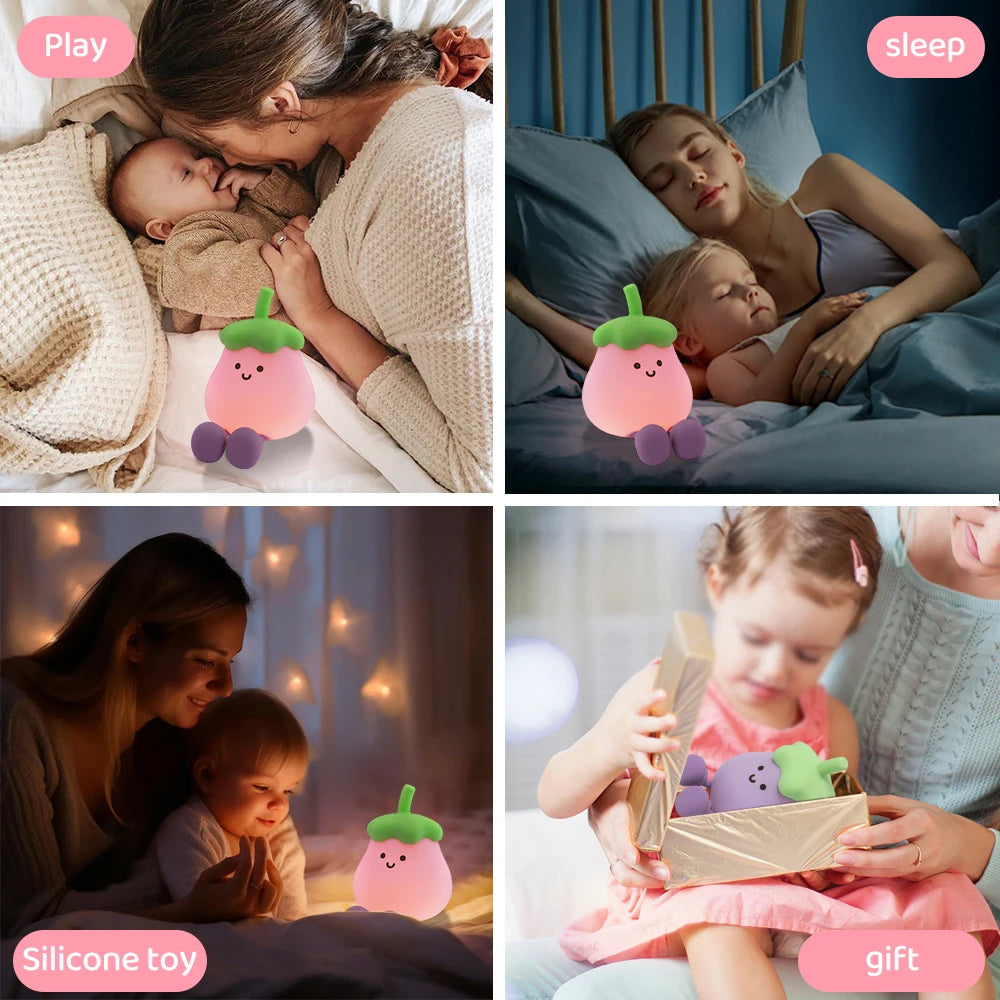 Cute Fruit Night Light Rechargeable Mushroom LED Squishy Night Light 3 Level Dimmable Silicone Nursery Night Lamp For Baby Room
