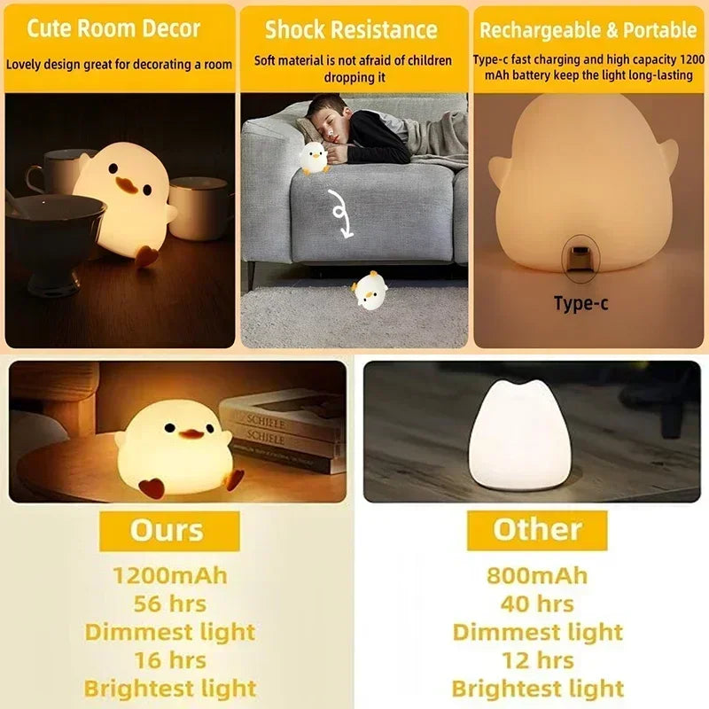 DoDo Duck Night Light, Cute Duck Lamp, Rechargeable Dimmable Nightlight, Silicone LED Bedside Lamp Nursery Touch-Sensitive